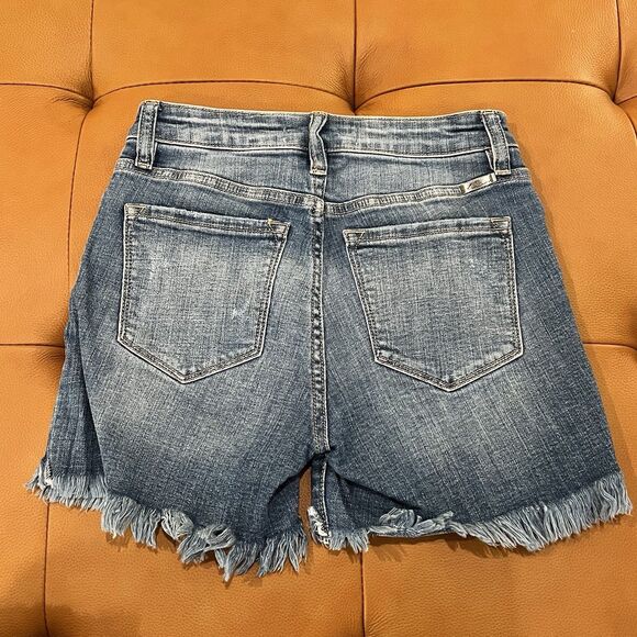 Kancan High Rise Blue Distressed Denim Shorts Fringe Waist & Hem #KC9262M EUC 27 - Picture 5 of 5